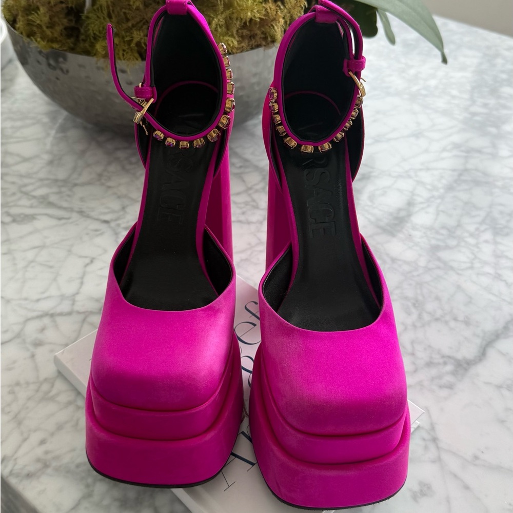 Versace Fuchsia Platform Ankle-Strap Heels with Gold Gem Trim